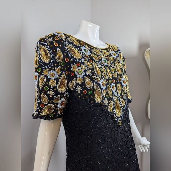 Leslie Fay Beaded Cocktail Dress Black Gold 16 Vintage Glam - Picture 4 of 10